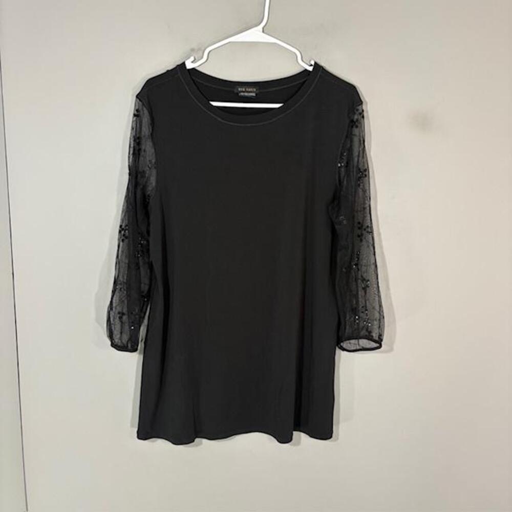 Eva Varro Blouse Womens Large Black Floral Mesh Sequin 3/4 Sleeve Pullover Top
